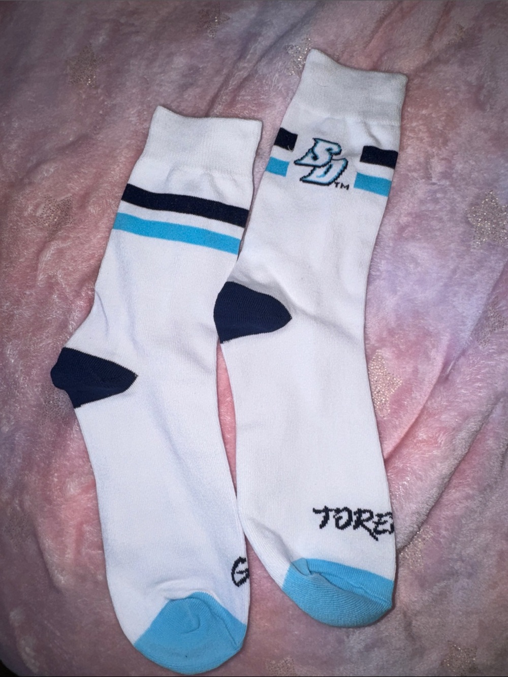 University of San Diego White Athletic Crew Socks with Teal & Navy Accents